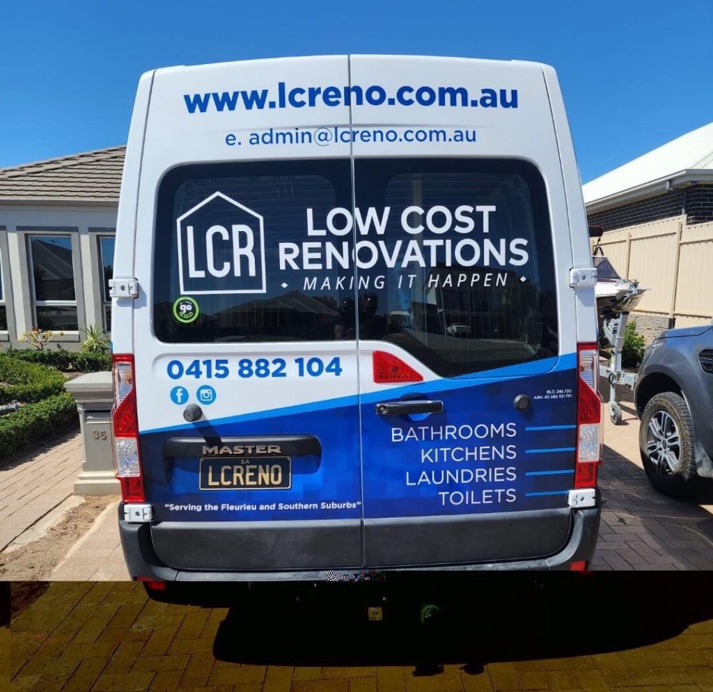 Low Cost Renovations - Fleurieu bathroom renovations Rear view of the Low Cost Renovations van - blue and white - showing the phone number 0415 882 104 and listing bathrooms, kitchens, laundries, toilets plus website www.lcreno.com.au and email admin@lcreno.com.au